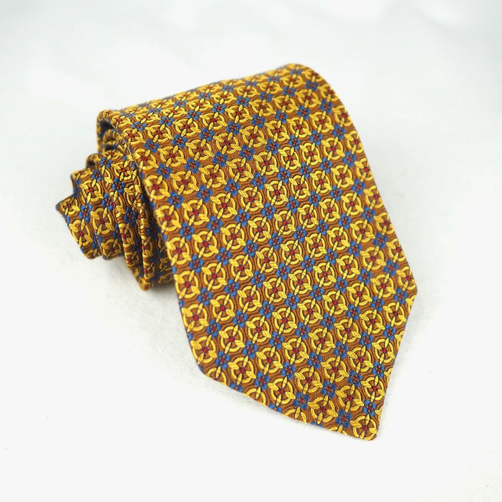 Jos A Bank Signature Collection Silk Necktie Gold Blue Floral Geometric Tie USA